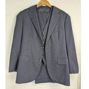 Vtg Brooks Brother Golden Fleece Suit 3 Piece Wool Navy Blue Pinstripe Mens 40